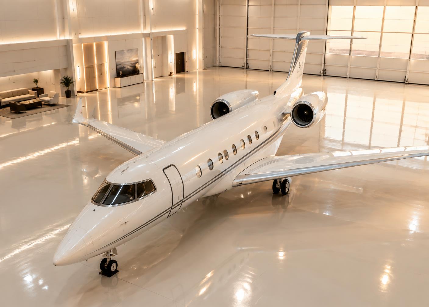 Private jet in a pristine hangar