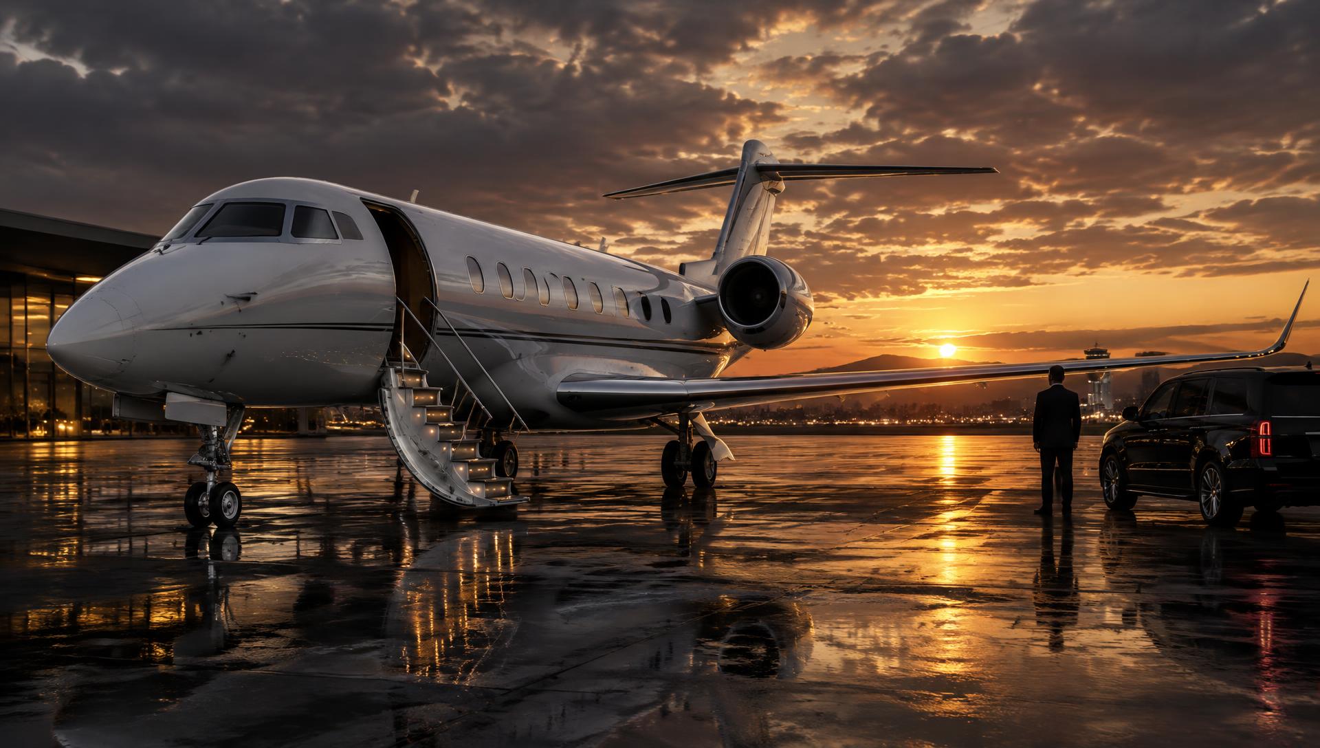 Private jet on a luxury ramp at sunset